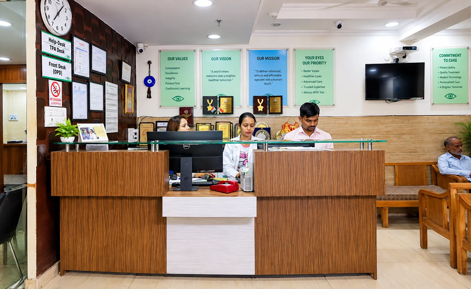 Reception and waiting area at Jain Eye Hospital