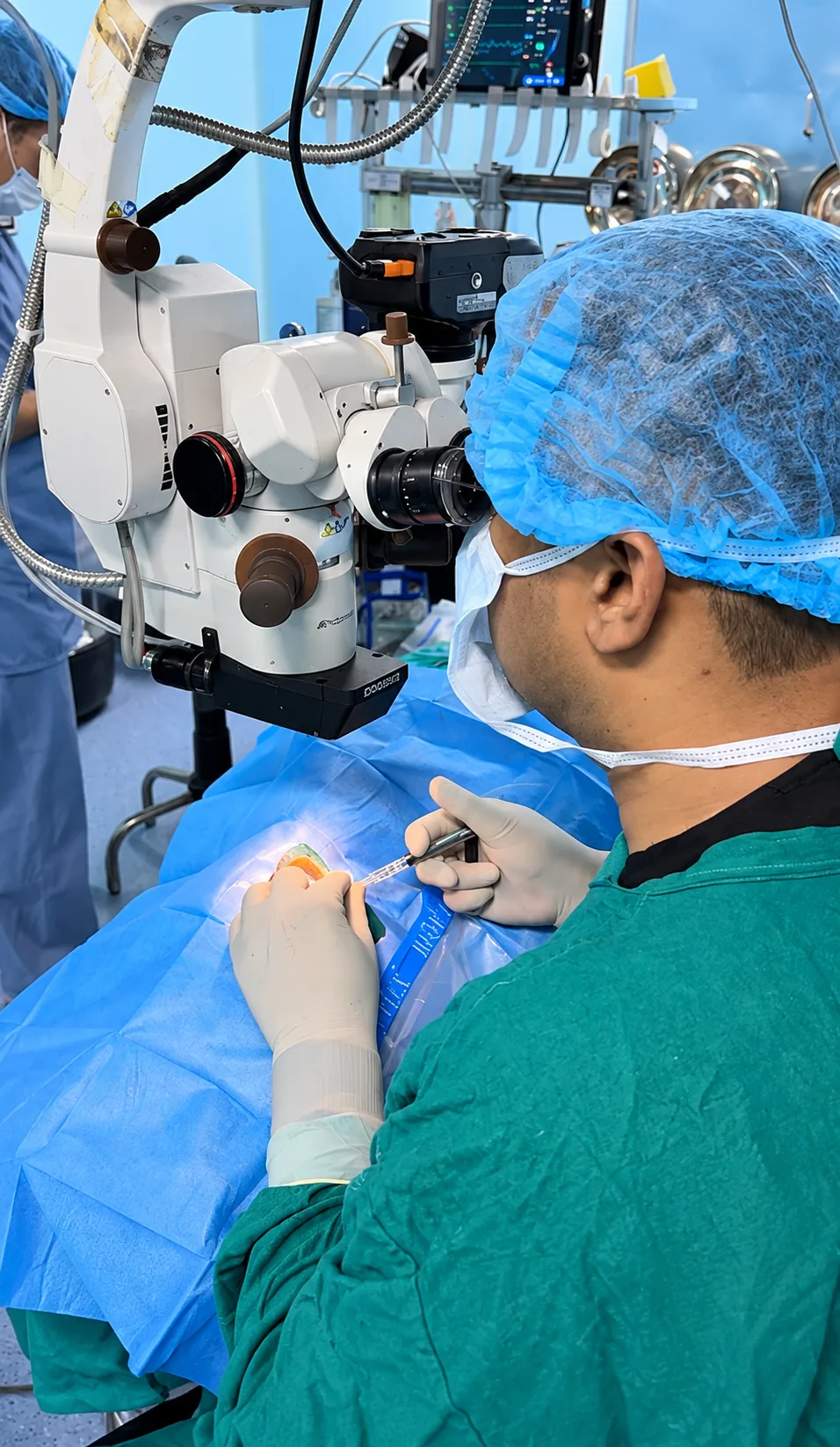 Ophthalmic surgery under a microscope.