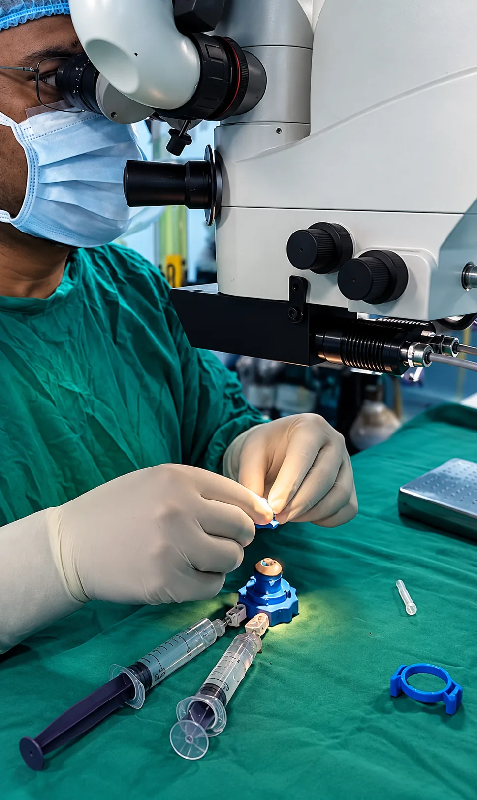 Surgery viewed through a microscope.